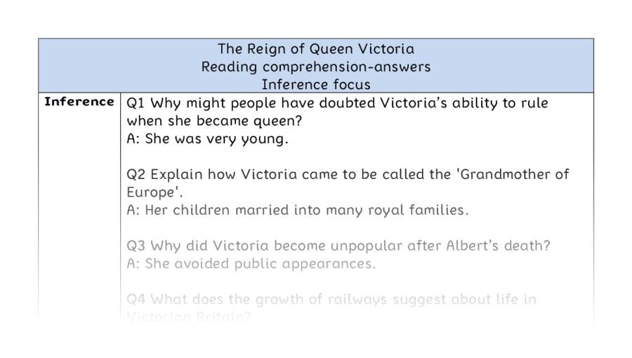 Reading comprehension - inference - The Reign of Queen Victoria - answers
