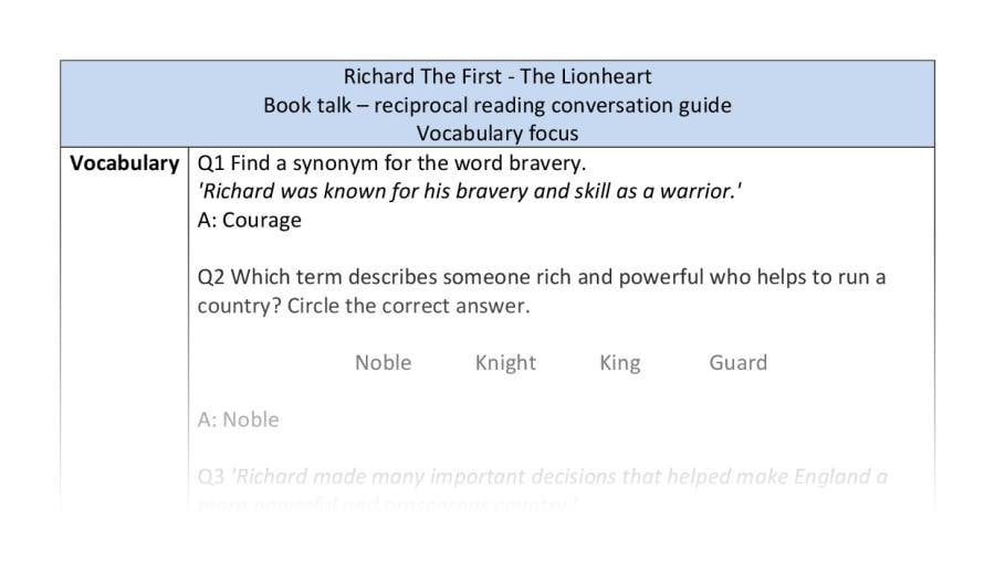 Reciprocal reading - vocabulary - Richard The First - The Lionheart