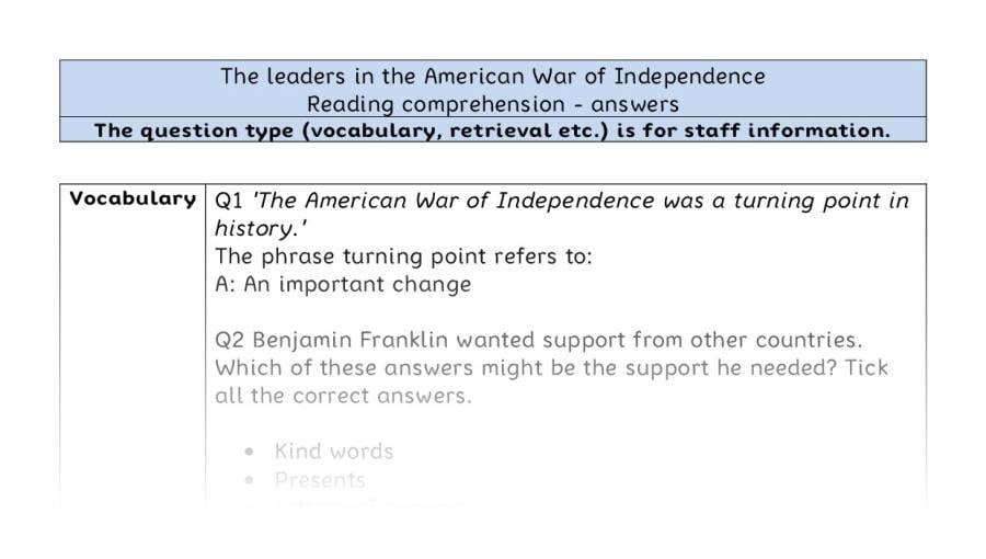 Reading comp - VRSIPE - The leaders in the American War of Independence - answers