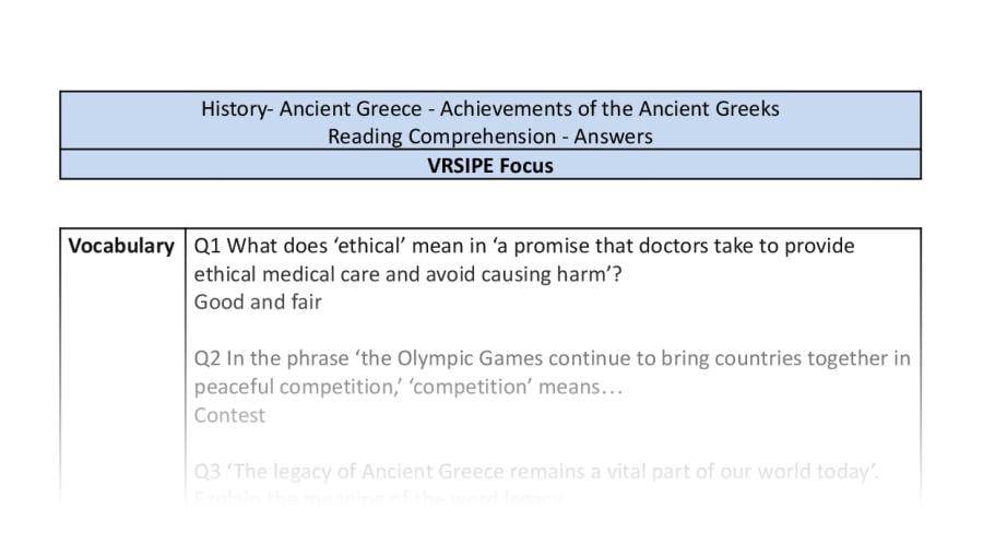 Reading Comprehension - Achievements of the Ancient Greeks - VRSIPE Focus