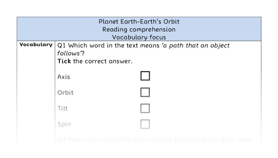 Reading comprehension - vocabulary - Planet Earth-Earths Orbit