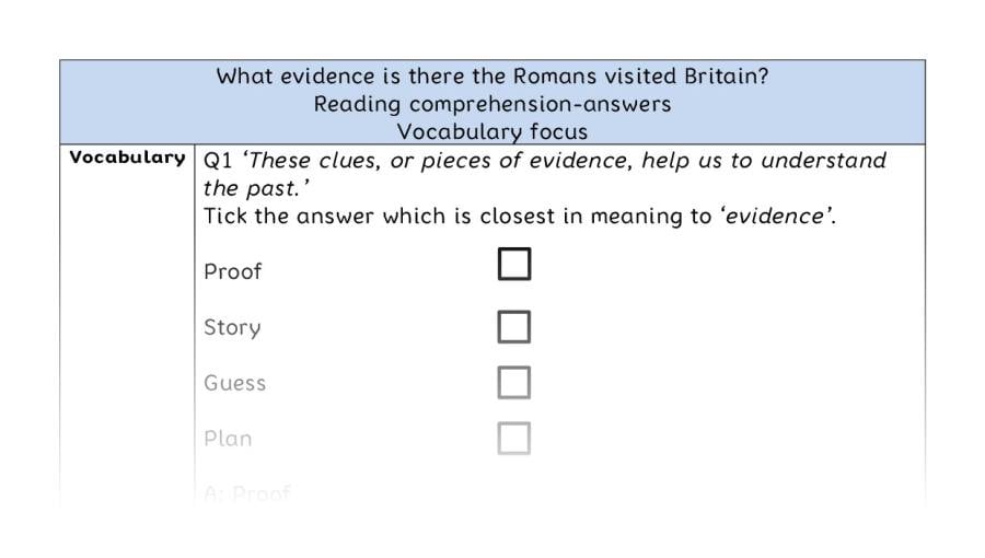 Reading comprehension - vocabulary-evidence the Romans visited Britain - answers