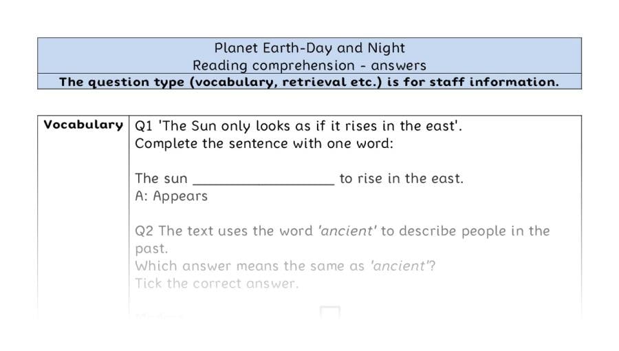 Reading comprehension VRSIPE - Planet Earth-Day and Night - answers