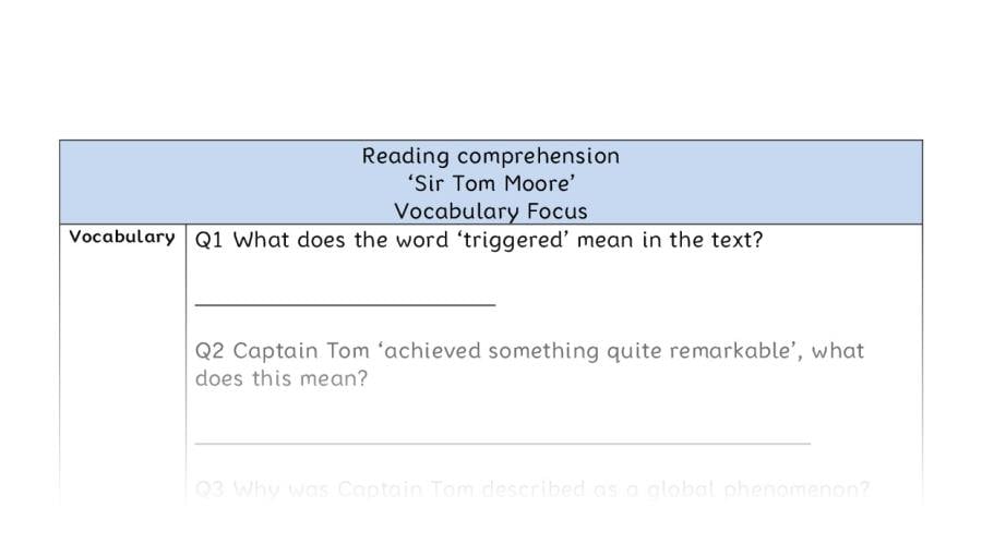 Reading comprehension - Sir Tom Moore - vocabulary