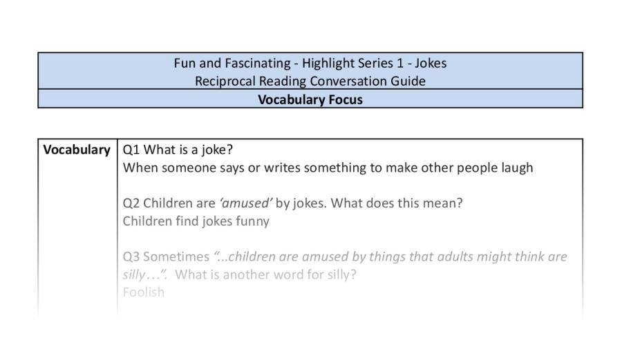 Reciprocal Reading Conversation - Jokes - Highlight Series 1 - Vocabulary Focus