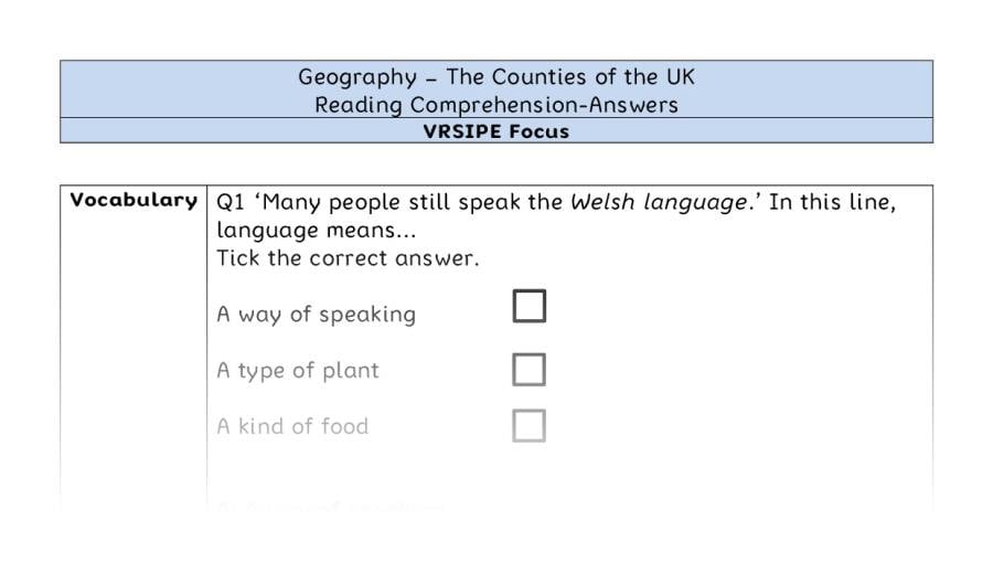 The Counties of the UK - Reading Comprehension Answers - VRSIPE Focus