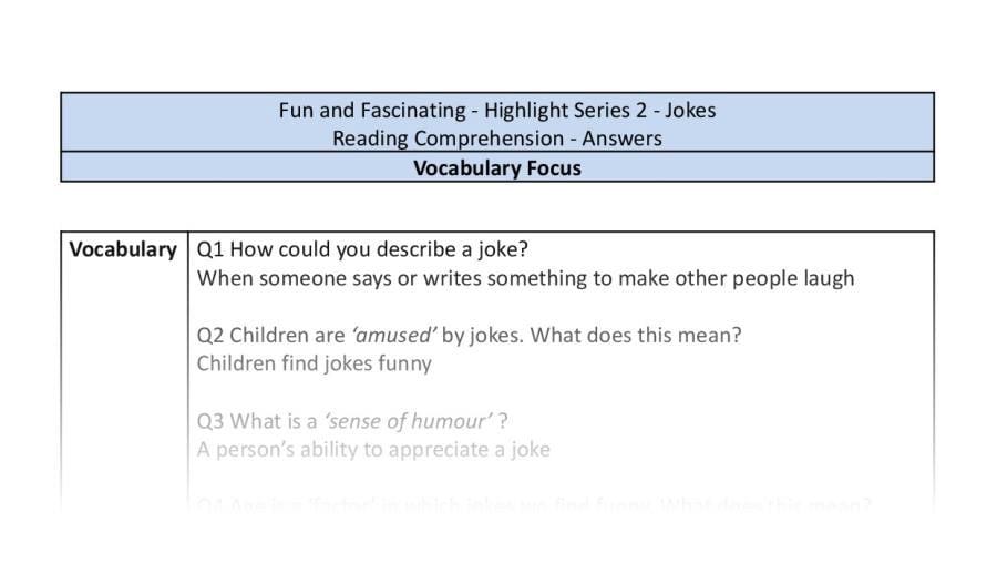 Reading Comprehension - Jokes - Highlight Series 2 - Vocabulary Focus