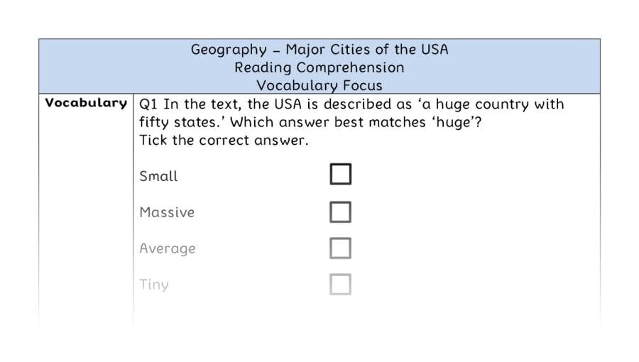Major Cities of the USA - Reading Comprehension - Vocabulary Focus