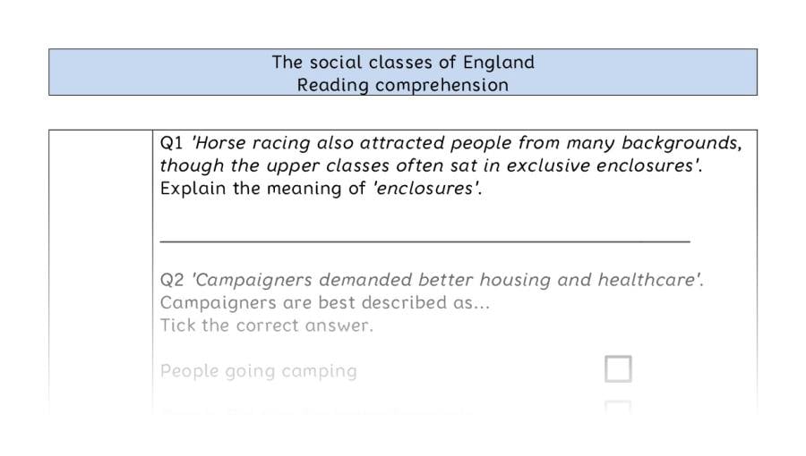 Reading comprehension - VRSIPE - The social classes of England