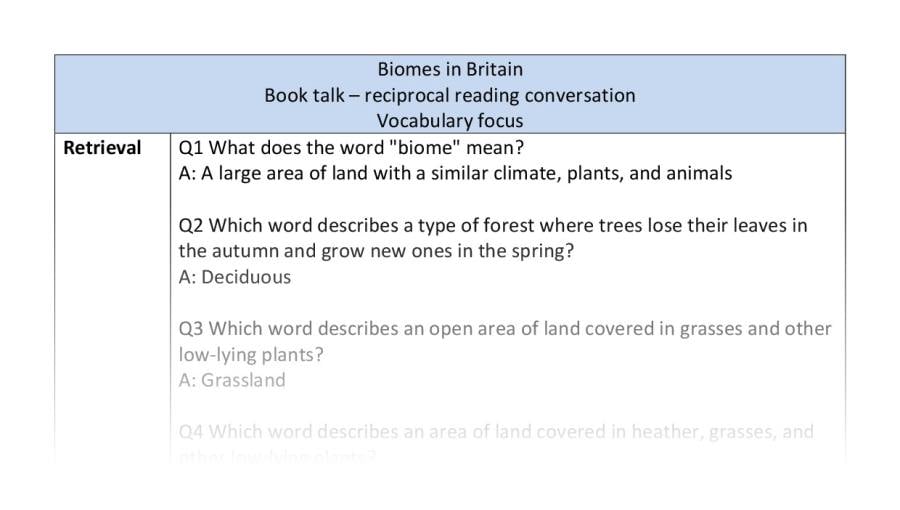 Reciprocal reading - vocabulary - biomes in Britain