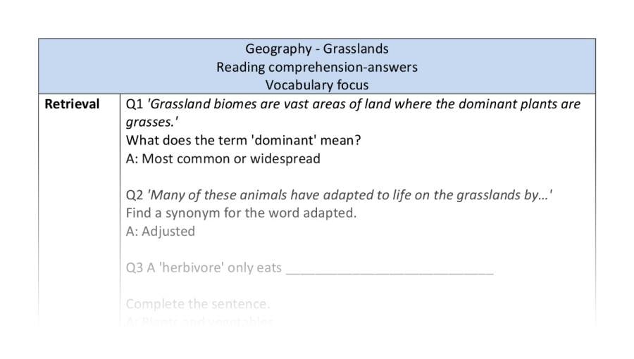 Reading comprehension - vocabulary - grasslands