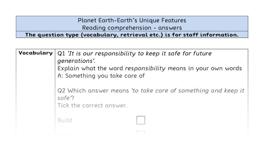 Reading comprehension VRSIPE - Planet Earth-Earths Unique Features - answers