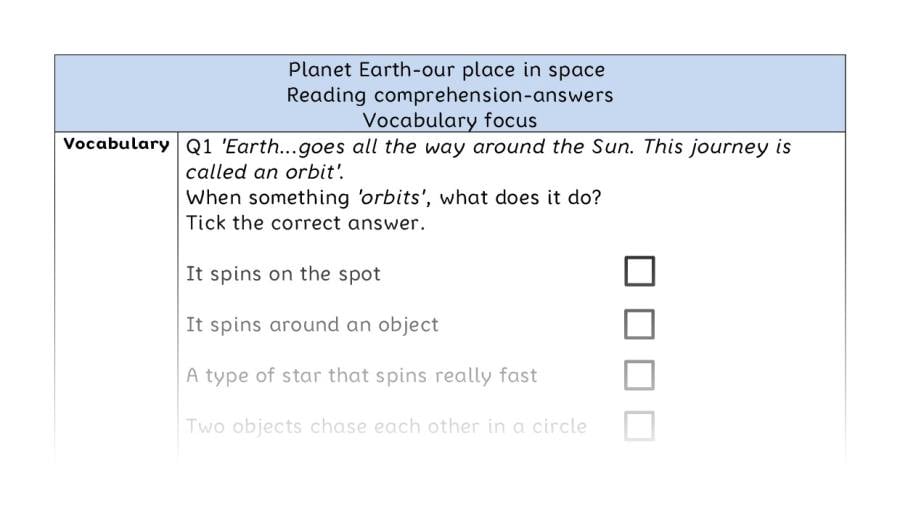 Reading comprehension - vocabulary - Planet Earth-our place in space - answers