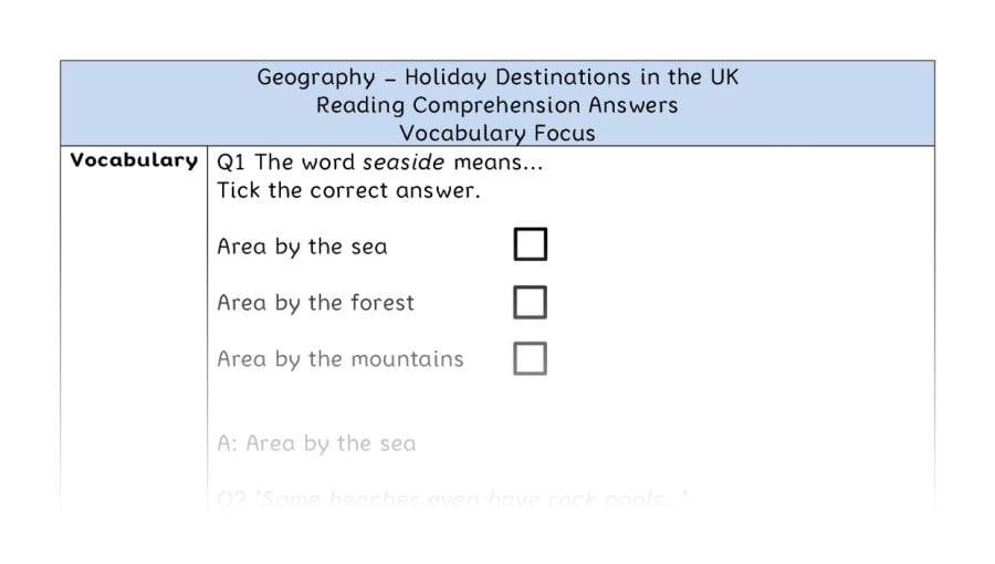 Holiday Destinations in the UK - Reading Comprehension Answers - Vocabulary Focus