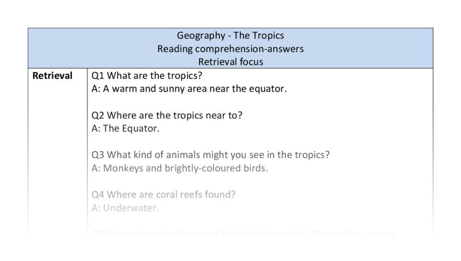 Reading comprehension - retrieval - Geography - The Tropics
