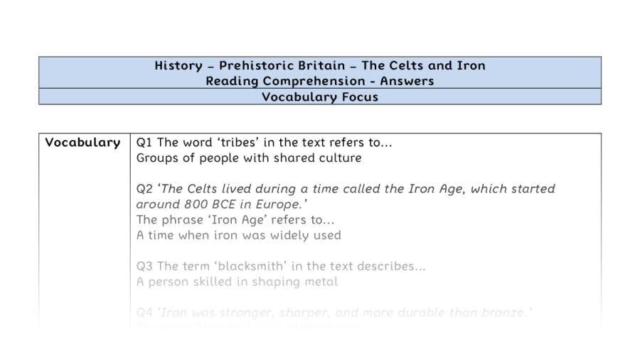 Reading Comprehension-The Celts and Iron-vocabulary focus-answers