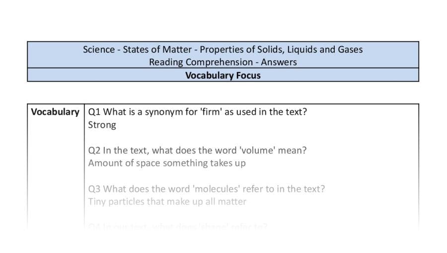 Reading Comprehension - Properties of Solids, Liquids and Gases - Vocabulary Focus
