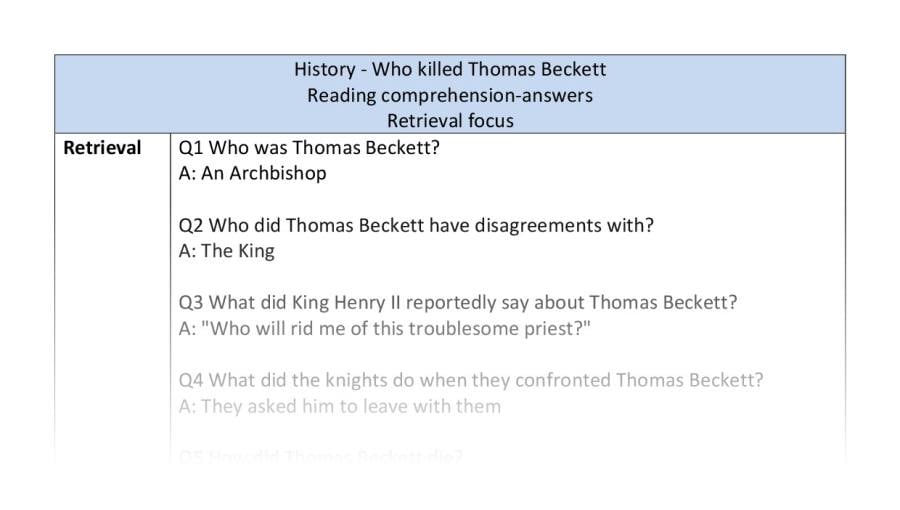 Reading comprehension-retrieval-Who killed Thomas Beckett-answers