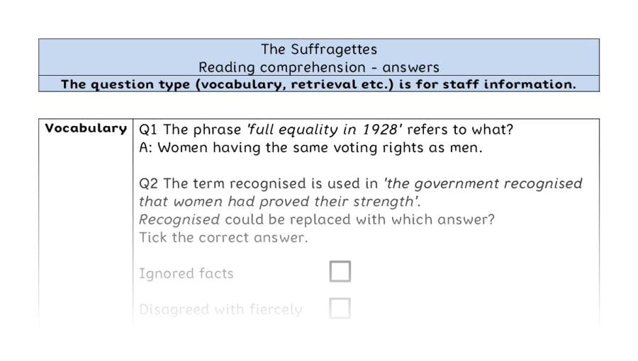 Reading comprehension - VRSIPE - The Suffragettes - answers