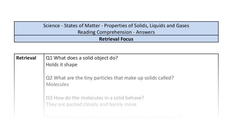 Reading Comprehension - Properties of Solids, Liquids and Gases - Retrieval Focus
