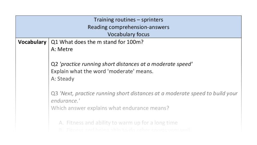 Reading comprehension - vocabulary - Training routines - sprinters - answers