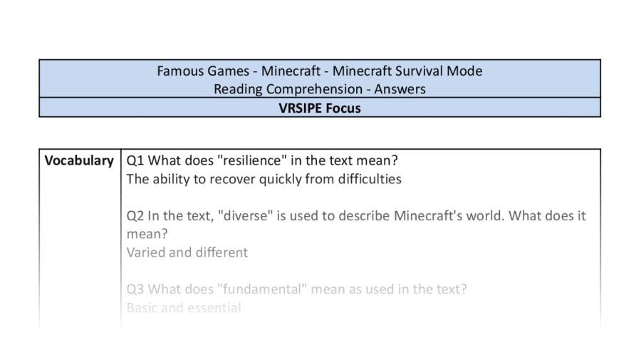 Reading Comprehension - Minecraft Survival Mode - VRSIPE Focus