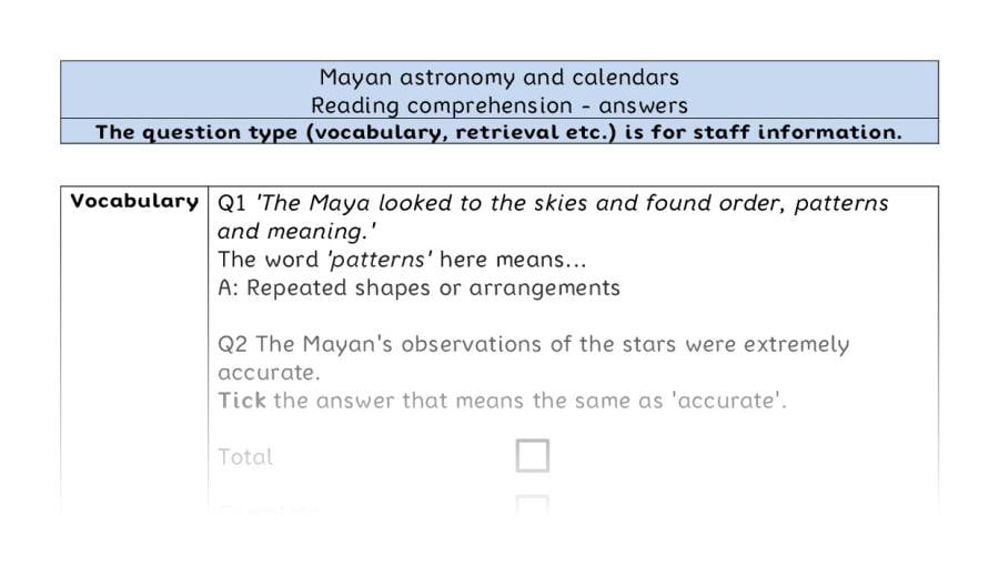 Reading comprehension VRSIPE - Mayan astronomy and calendars - answers