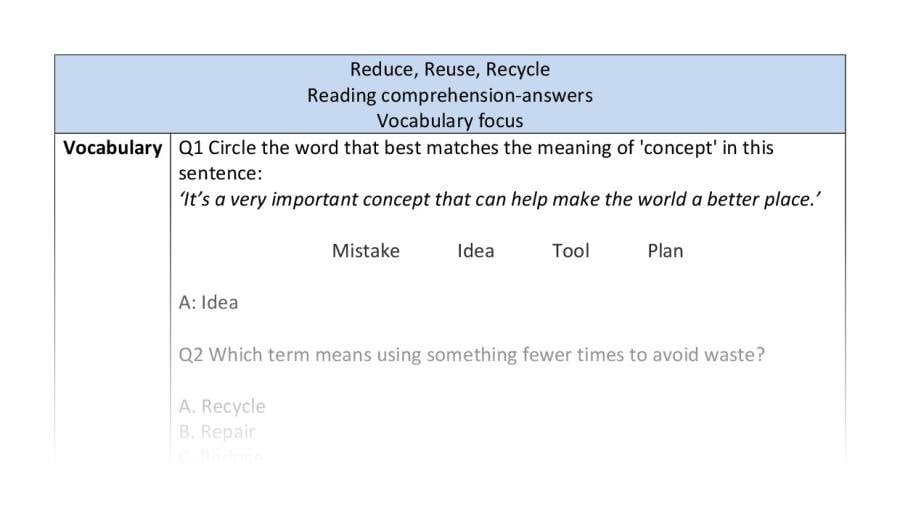 Reading comprehension - vocabulary - Reduce, Reuse, Recycle