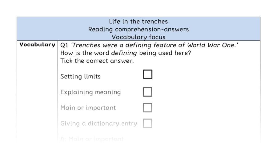 Reading comprehension - vocabulary - Life in the trenches - answers