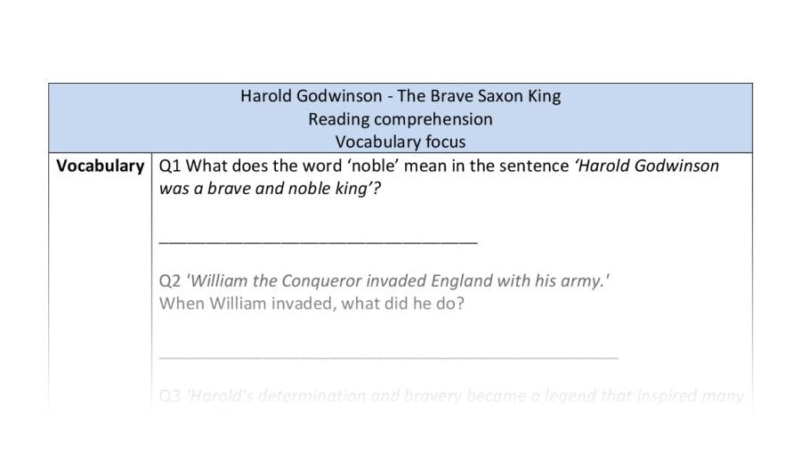 Reading comprehension - vocabulary - Harold Godwinson - The Brave Saxon King