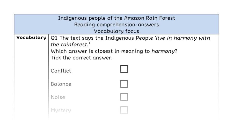 Reading comp-vocab-Indigenous people of the Amazon Rain Forest - answers