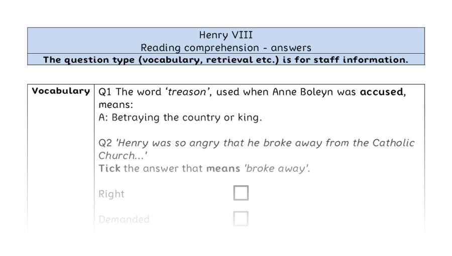 Reading comprehension - Henry VIII - VRSIPE - answers