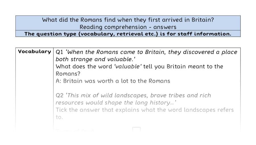 Reading comprehension VRSIPE - Roman arrival in Britain - answers