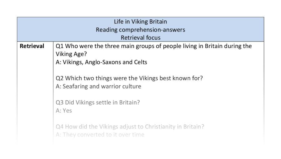 Reading comprehension - retrieval - Life in Viking Britain - answers