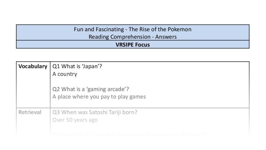 Reading Comprehension - The Rise of the Pokemon - Highlight Series 1 - VRSIPE Focus-answers