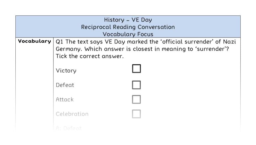 VE Day - Reciprocal Reading Conversation - Vocabulary Focus