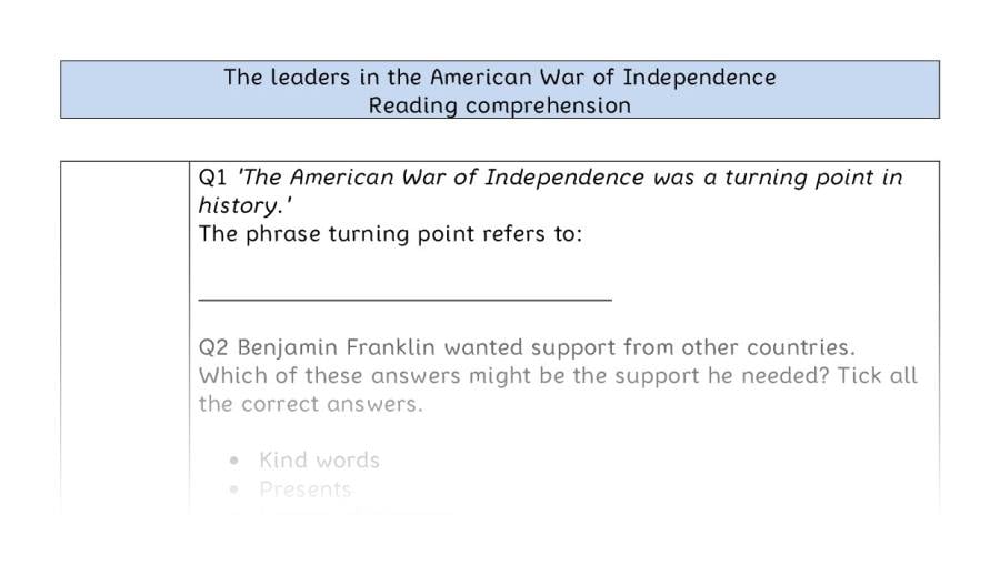 Reading comp - VRSIPE - The leaders in the American War of Independence