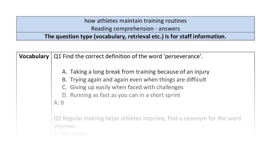 Reading comprehension - VRSIPE - how athletes maintain training routines