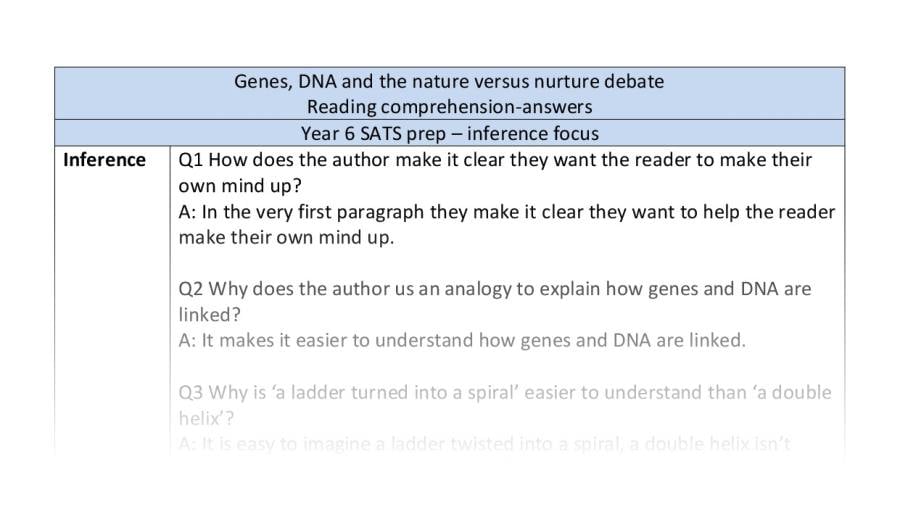 Inference - reading comprehension - genes DNA and nature vs nurture