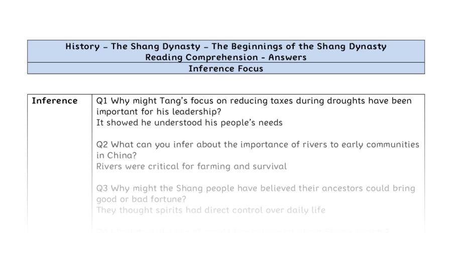 Reading Comprehension - The Beginnings of the Shang Dynasty - Inference Focus