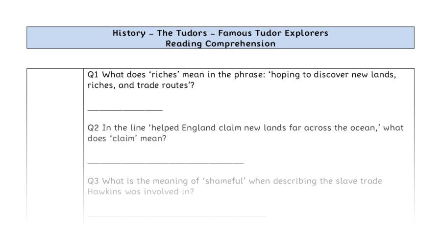 Reading comprehension - famous Tudor explorers - VRSIPE