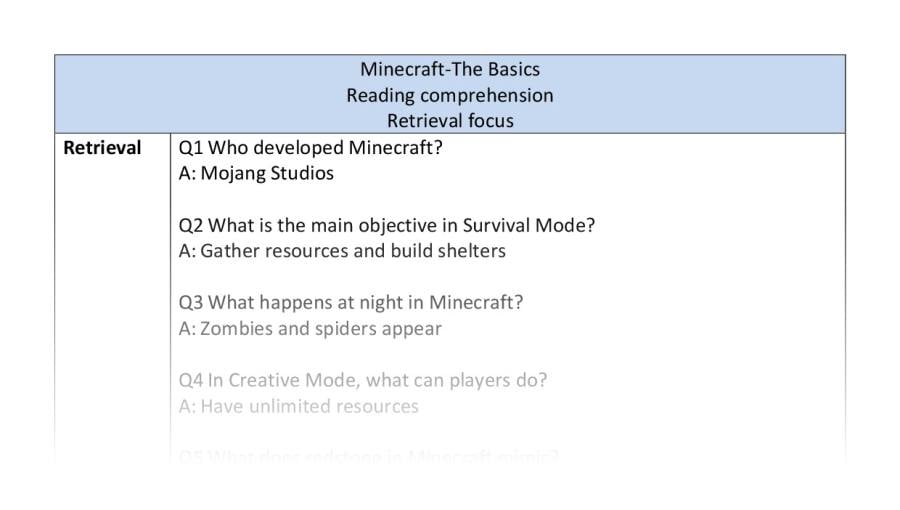 Reading comprehension - retrieval - Minecraft The Basics