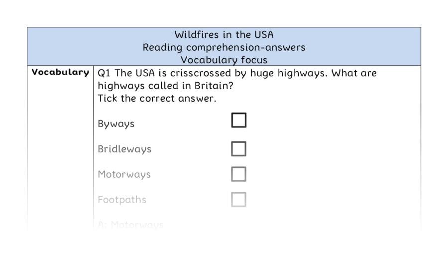 Reading comprehension - vocabulary - Wildfires in the USA - answers