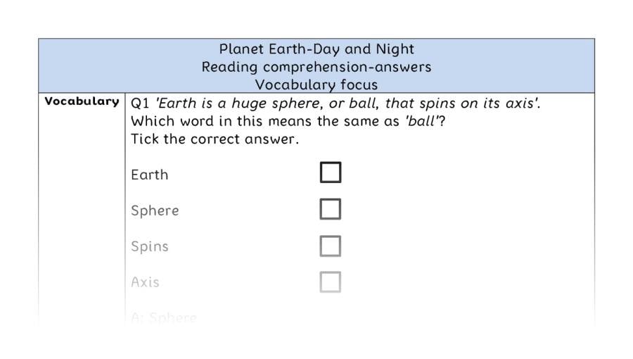 Reading comprehension - vocabulary - Planet Earth-Day and Night - answers