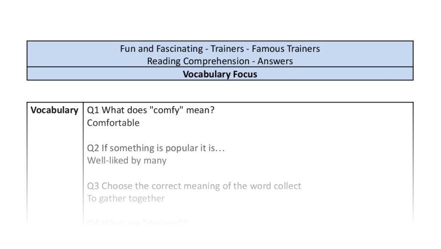 Reading Comprehension-vocabulary-Famous Trainers-answers