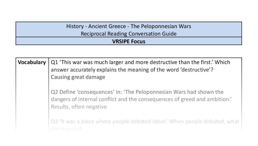 Reciprocal Reading Conversation - The Peloponnesian Wars - VRSIPE Focus