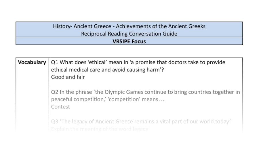 Reciprocal Reading Conversation - Achievements of the Ancient Greeks - VRSIPE Focus
