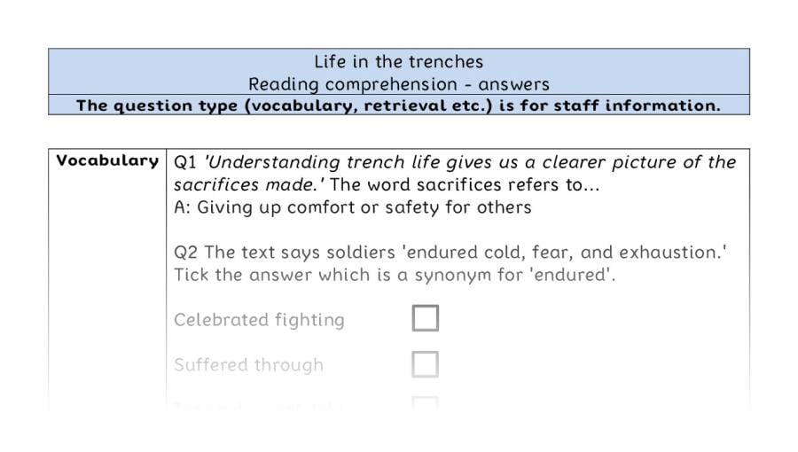 Reading comprehension - VRSIPE - Life in the trenches - answers