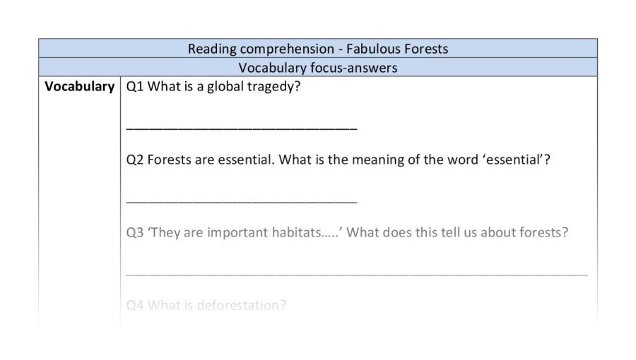 Reading comprehension-Fabulous Forests-vocabulary