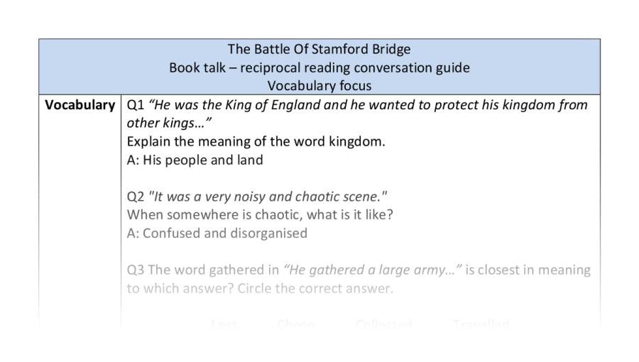 Reciprocal reading - vocabulary - The Battle Of Stamford Bridge
